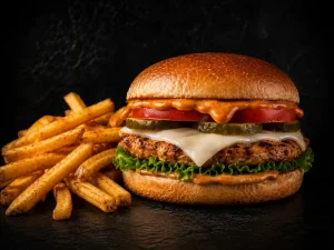 A juicy grilled chicken burger with melted cheese served with Mama's Wings hand-cut chips