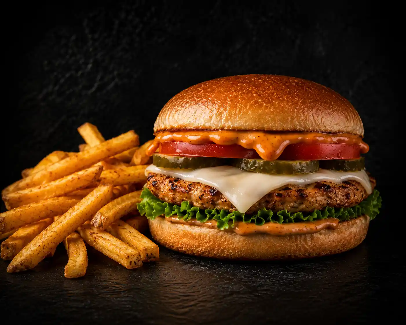 A juicy grilled chicken burger with melted cheese served with Mama's Wings hand-cut chips
